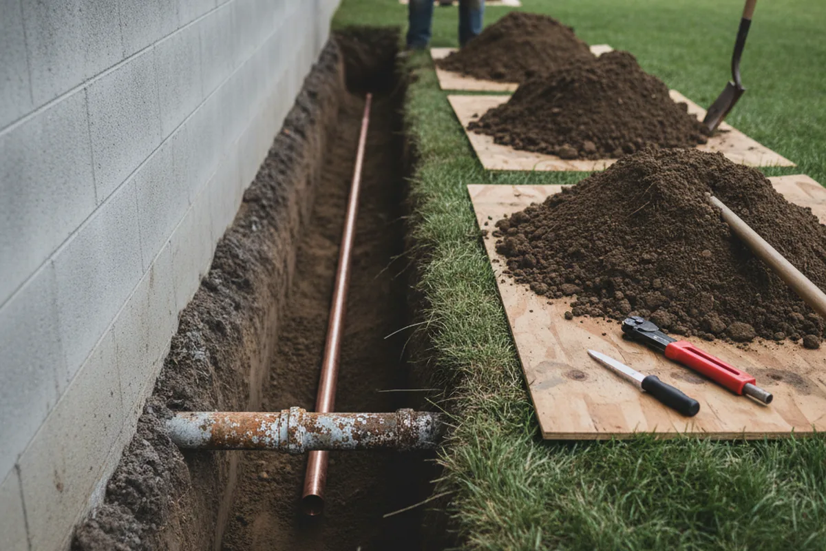 Excavated water line trench during Water Heater Repair in Toledo